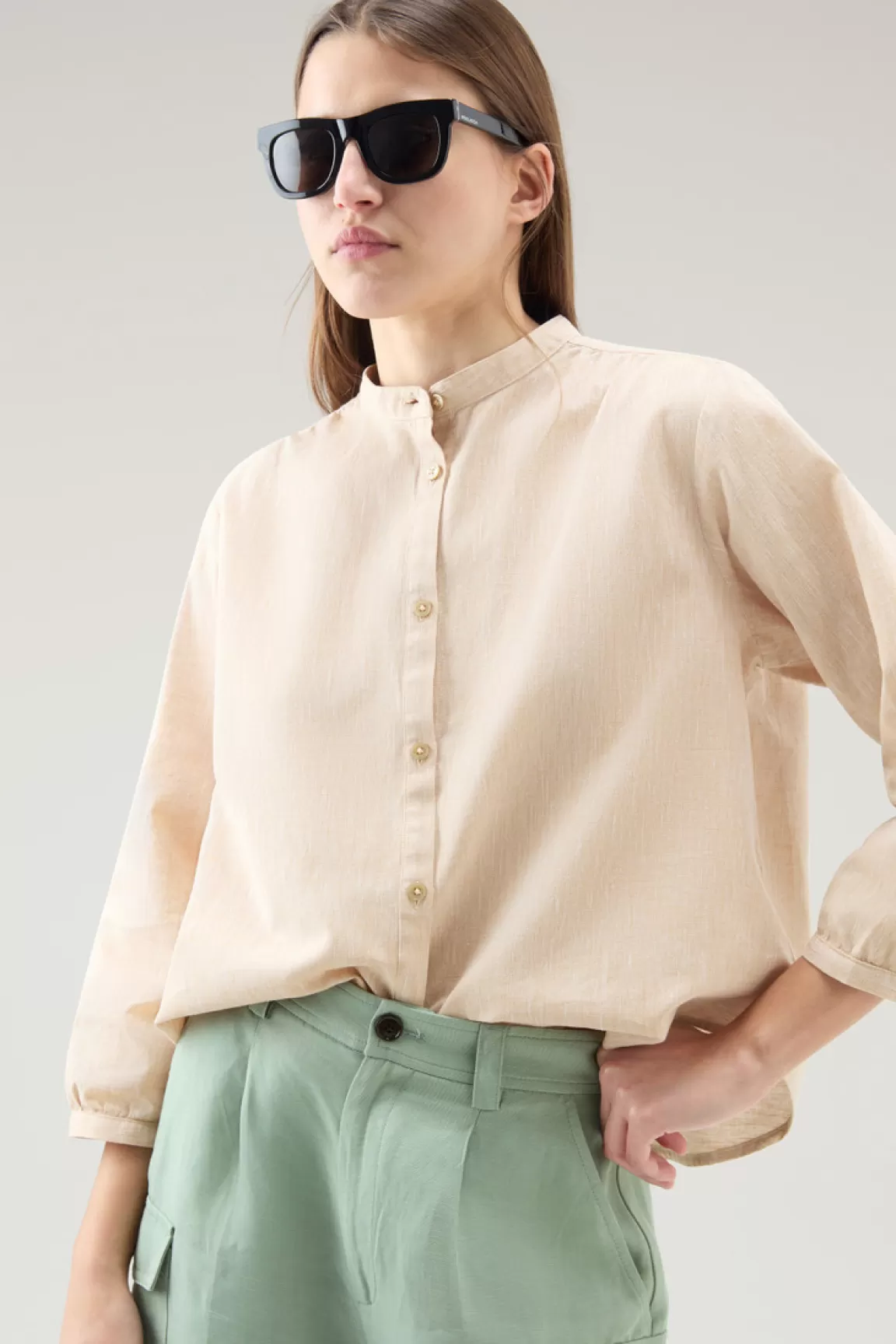 Donna Woolrich Camicie e giacche a camicia>Camicia Alla Coreana In Misto Lino E Cotone