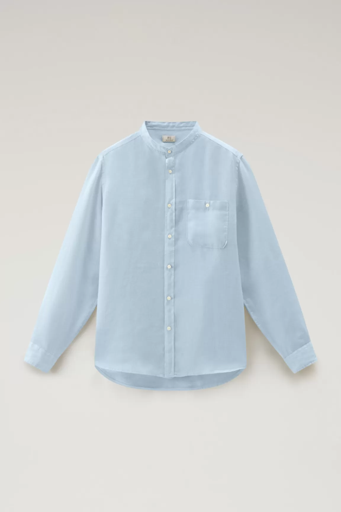 Uomo Woolrich Camicie>Camicia In Puro Lino Tinta In Capo Con Colletto Alla Coreana