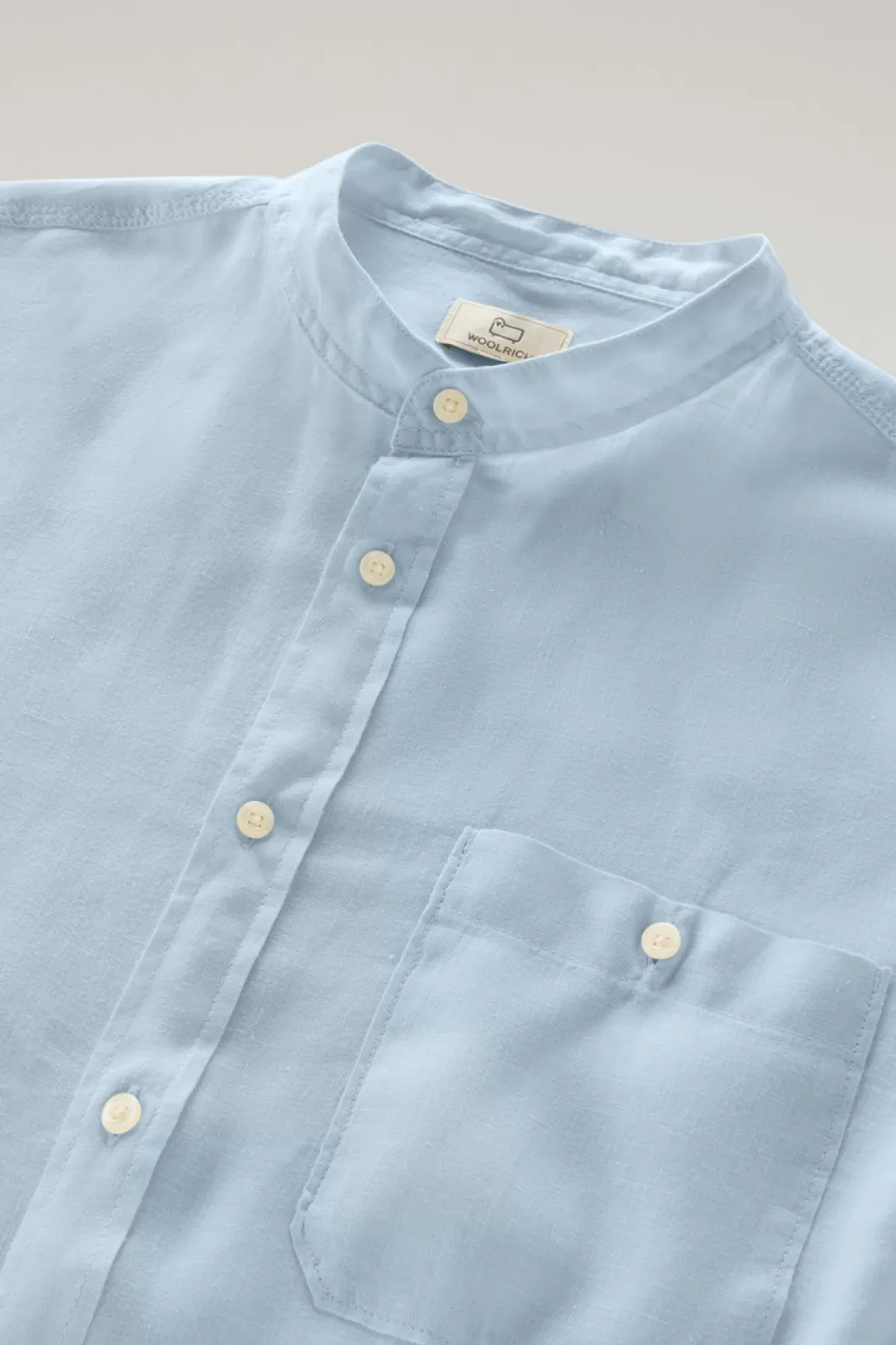 Uomo Woolrich Camicie>Camicia In Puro Lino Tinta In Capo Con Colletto Alla Coreana