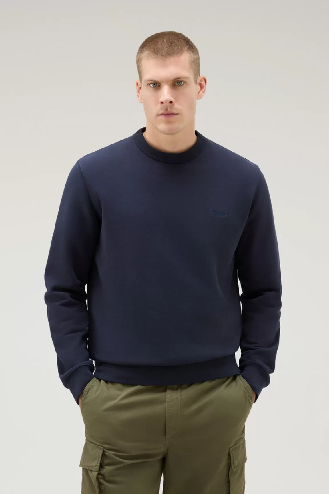 Uomo Woolrich Felpe>Felpa Girocollo In Misto Cotone Con Logo Ricamato