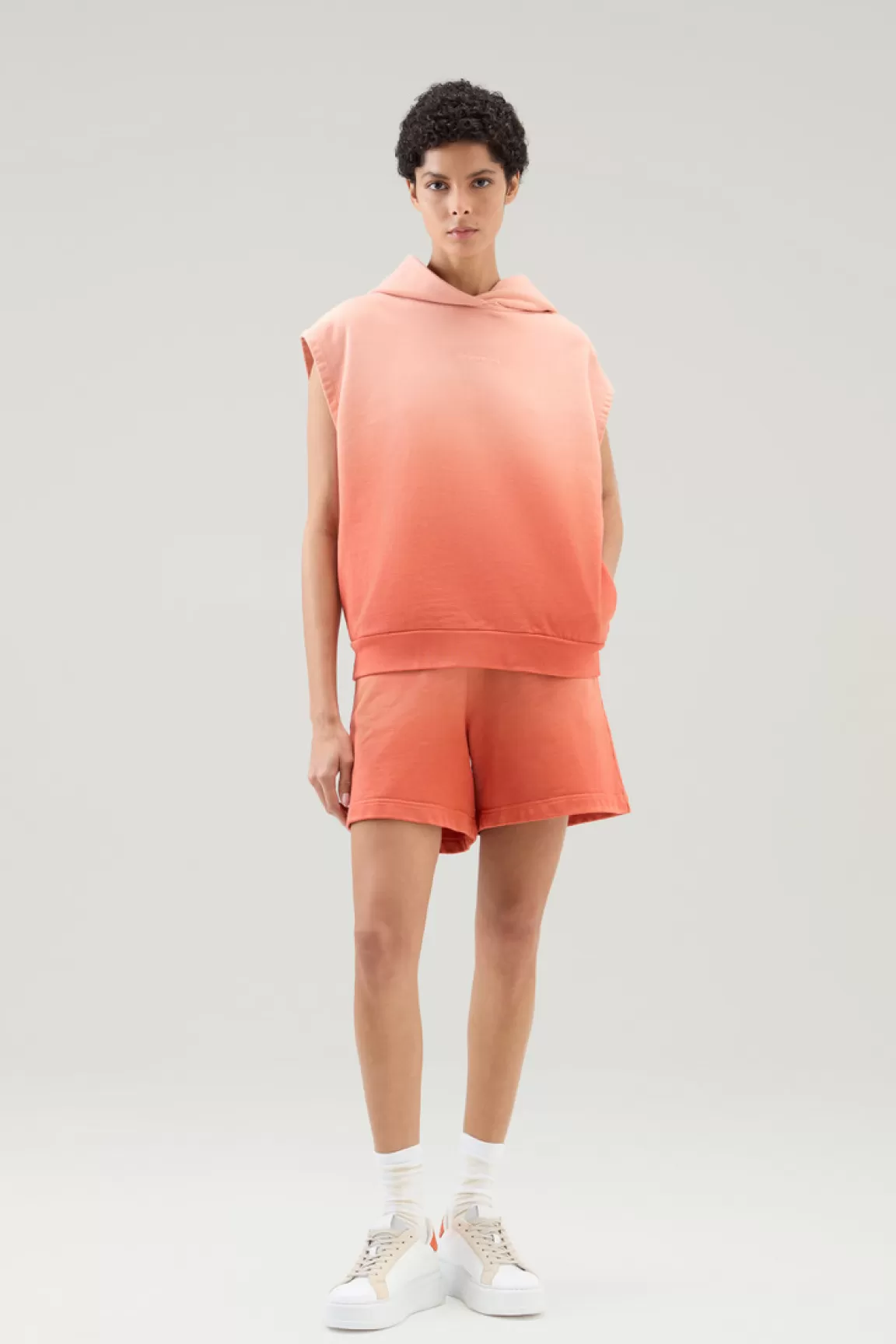 Donna Woolrich Felpe>Felpa Smanicata Con Cappuccio In Puro Cotone Tinta In Capo