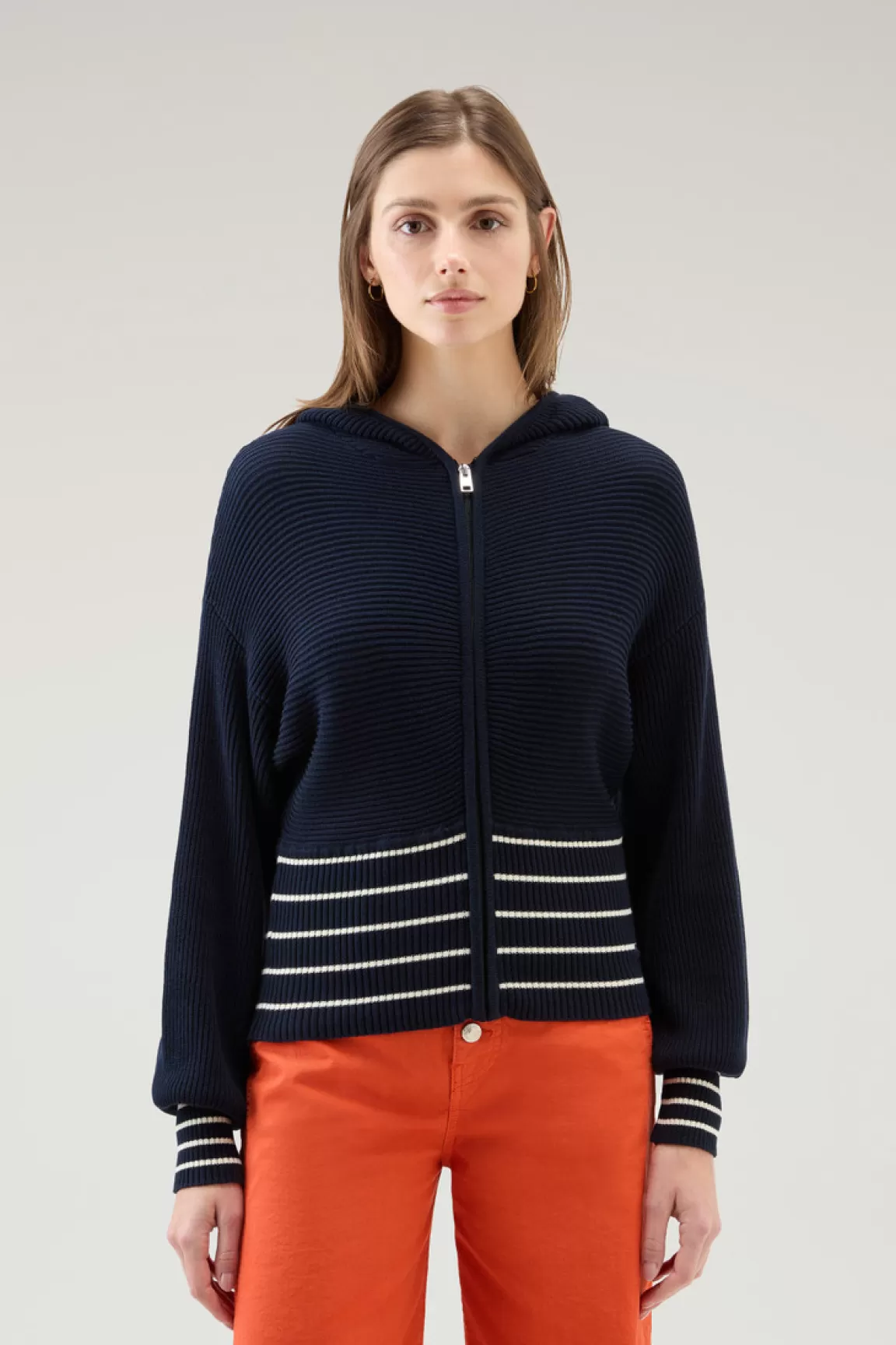 Donna Woolrich Maglieria>Maglia In Puro Cotone Con Cappuccio E Zip